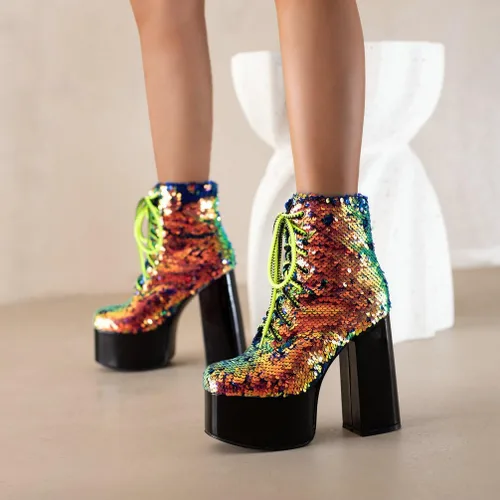Vista 3 de Caradise Glitter Sparkly Platform Boots Sequin High Heeled Combat Boots Lace Up Chunky High Heel Ankle Boots 5.5 in-oro