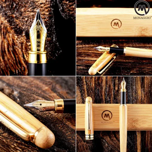Vista 4 de MONAGGIO Pluma estilográfica de bambú hecha de madera de lujo con convertidor recargable, juego de caja de madera y punta fina. Funciona sin