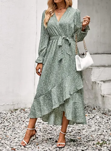 Vista 2 de BTFBM Vestido cruzado de manga larga para mujer cuello en V bohemio floral cintura alta con volantes 2023 primavera y verano maxi vestidos