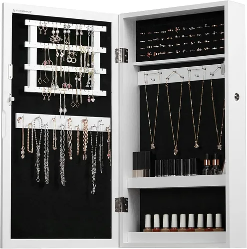 Vista 7 de SONGMICS Armario de joyería con cerradura con espejo, organizador de almacenamiento de joyas para ahorrar espacio, blanco UJJC51WT