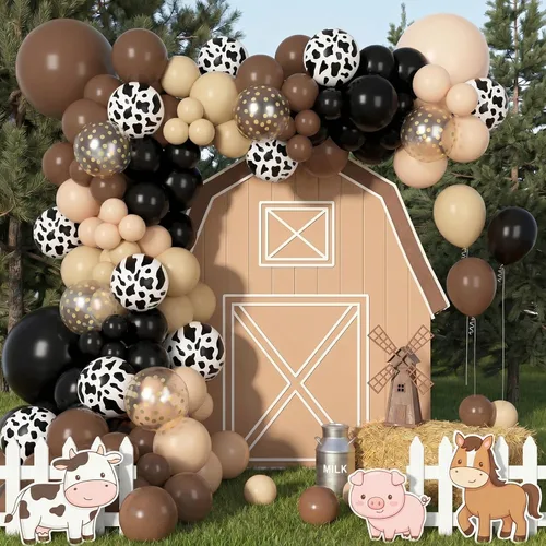Vista 4 de Kit de Arco de Guirnalda de Globos de Vaquero Occidental de 170 Piezas, Globos de Confeti Negro y Marrón con Estampado de Vaca para Granja