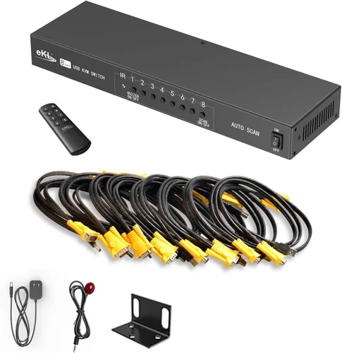 Vista 9 de eKL Conmutador KVM VGA de 8 puertos en 2 salidas Switch 8x2 Soporta teclado básico y ratón Audio USB 2.0 Dispositivos compartiendo 8 computadoras