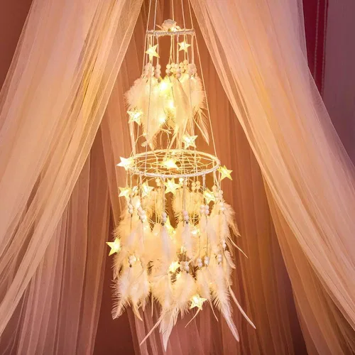 Vista 8 de Dremisland Atrapasueños de Plumas Blancas de Doble Círculo con Luces LED de Hadas Móviles, Adornos Colgantes de Pared, Decoración de Techo