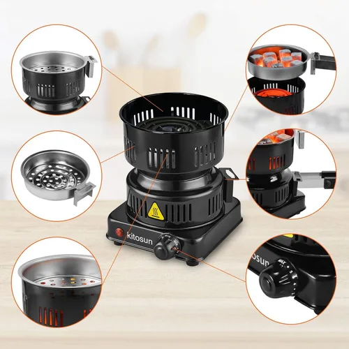 Vista 3 de Quemador eléctrico de carbón de coco de 600 W ETL para barbacoa camping cocina Fast Heating Coal Burner Hot Plate, Detachable Handle, Stainless