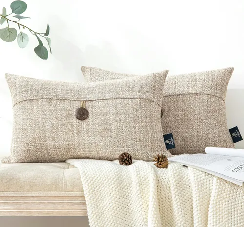 Vista 18 de Phantoscope - Juego de 2 fundas de almohada decorativas estilo campestre, de botón de coco premium y lino vintage, color blanco hueso, para sofá