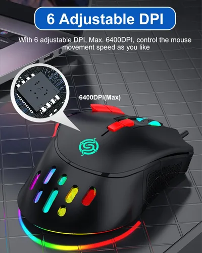 Vista 4 de Ratón para juegos con cable RGB, mouse de computadora programable de 9 teclas con 6 DPI ajustables hasta 6400, hueco de panal, luces LED coloridas