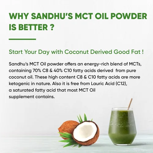 Vista 4 de Sandhu's MCT Aceite en polvo con fibra prebiótica 35 porciones Orgánico - Keto Combustible de ácidos grasos para cuerpo y cerebro 100%