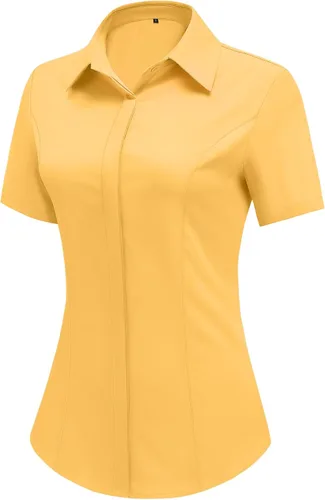 Vista 6 de HOTOUCH Camisas de manga corta con botones para mujer, blusa con cuello ajustado, blusa básica de verano para oficina, tallas S-2XL