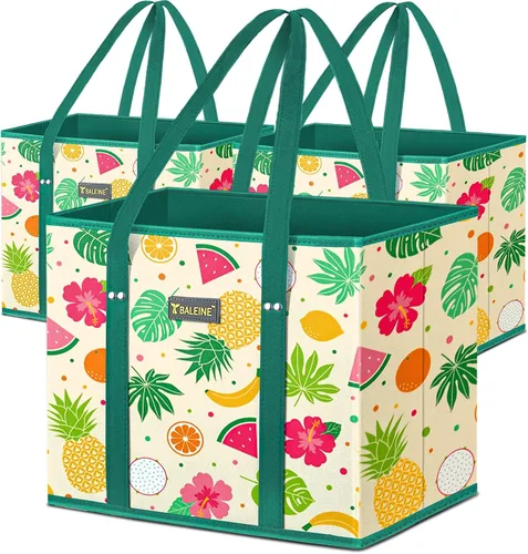 Vista 49 de BALEINE 1 paquete de bolsas reutilizables para comestibles, bolsas de compras plegables para comestibles con parte inferior reforzada y asas Follaje