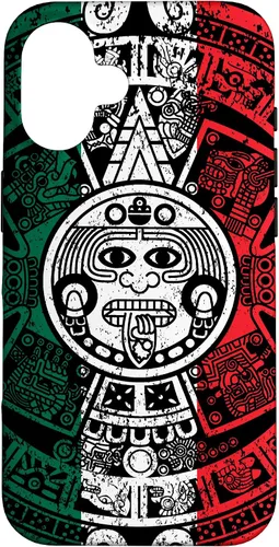 Vista 32 de Funda para iPhone 17 con calendario maya azteca con diseño de piedra solar envejecida de la bandera de México
