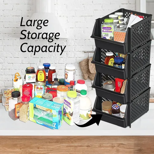 Vista 2 de TidyFriend - Contenedores apilables de almacenamiento para despensa, paquete de 8 contenedores apilables para organizar alimentos, cocina y Negro