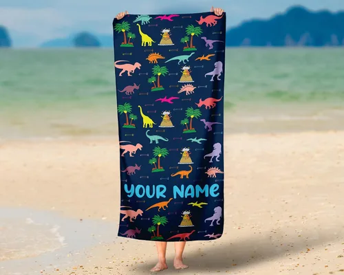 Vista 4 de Generic Toalla de playa de dinosaurio, nombre personalizado, algodón de secado rápido, regalo divertido para niños