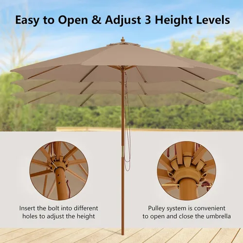 Vista 6 de HAPPYGRILL Sombrilla de madera para patio de 10 pies con polea de cuerda y Beige Bronceado