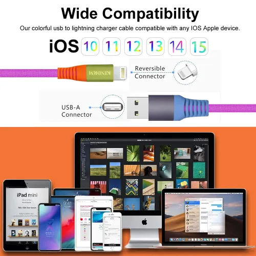 Vista 3 de Cable de carga para iPhone, [certificado MFi de Apple] 3 pies colorido gradual USB A a Lightning cable de carga rápida de nailon trenzado