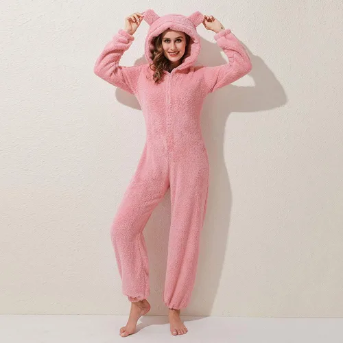 Vista 18 de Pijama de forro polar para mujer, mameluco cálido de sherpa, ropa de dormir de una pieza con cremallera y capucha