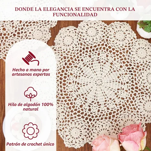 Vista 6 de kilofly Juego de 4 manteles individuales redondos de encaje de algodón hechos a mano con ganchillo, loto, beige