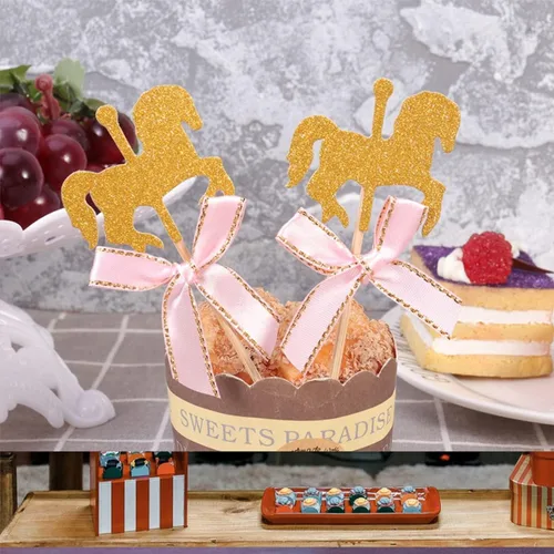 Vista 3 de Amosfun 50 piezas de carrusel de caballos de 4.72 x 1.77 pulgadas, decoración de madera para pasteles de cumpleaños, decoración de cupcakes