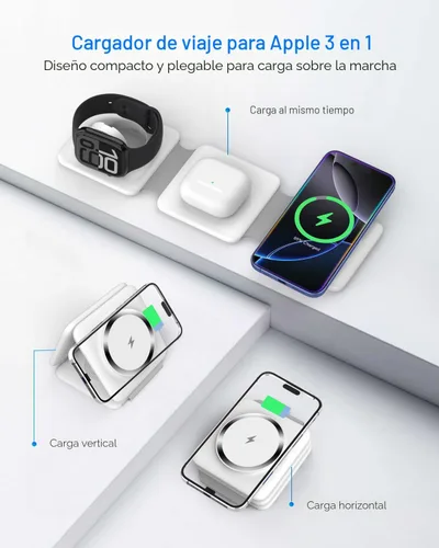 Vista 3 de Estación de carga para múltiples dispositivos Apple – Base de carga inalámbrica magnética plegable 3 en 1 – Almohadilla de carga de viaje para Blanco