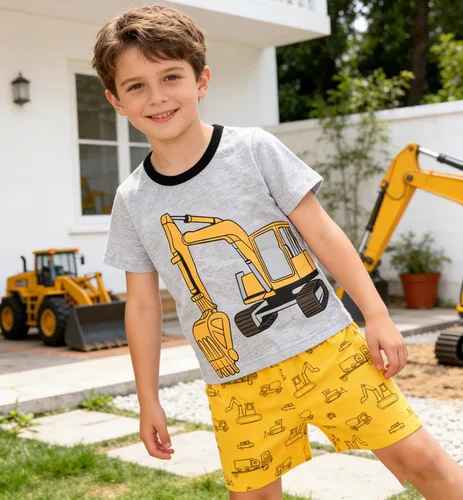 Vista 4 de Pijamas para niños, 100% algodón, 2 piezas, manga corta, conjunto de ropa de dormir de verano para niños, 3t-10t 01 Gris/Estampado De Excavadora