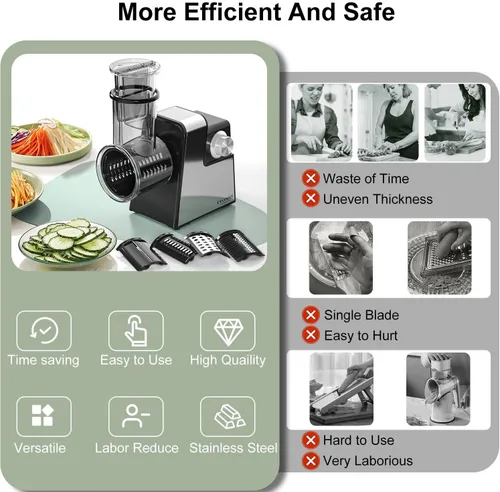 Vista 5 de Rallador Eléctrico de Queso, Máquina de Ensalada 5 en 1 con Cuchillas de Acero Inoxidable, Rebanador y Rallador Eléctrico de Alimentos de 250W