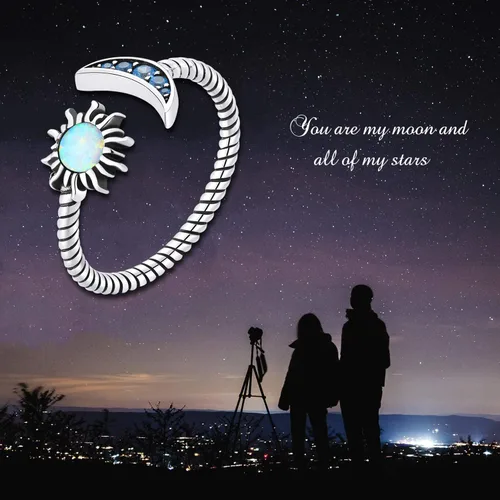Vista 2 de MUNDELL Anillo abierto de plata de ley 925 con estrella y luna de ópalo para mujer, estilo vintage, trenzado, ajustable, apilable, deslumbrante