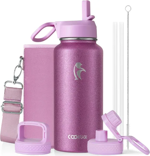 Vista 27 de Coolflask Botella de agua de 24 onzas aislada con pajilla, 3 tapas de metal de acero inoxidable, botella de agua de boca ancha para deportes u