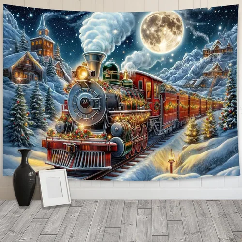 Vista 9 de Tapiz de Tren de Vapor, Tapices de Paisaje Otoñal de Tren de Motor Antiguo Decoración para Niños, Tapices de Arte de Acuarela de Bosque de Montaña