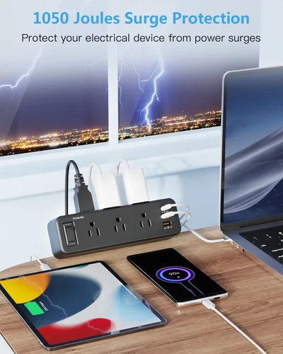Vista 5 de Regleta de alimentación con abrazadera de escritorio de 6 salidas con USB C, protector de sobretensiones de enchufe plano, montaje de borde de Negro