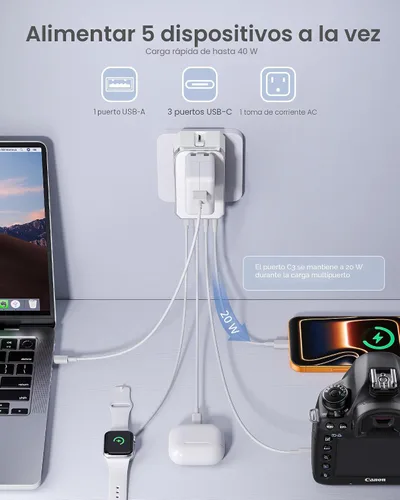 Vista 2 de EPICKA Adaptador de viaje universal Air 40W PD&QC con 1AC/3USB-C/1USB-A blanco (40W-White)