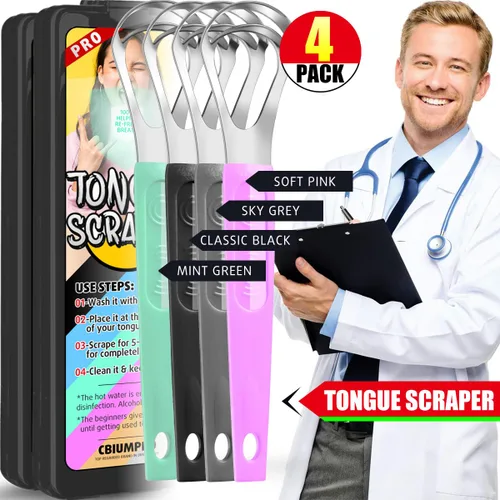 Vista 8 de Cbiumpro Paquete de 4 raspadores de lengua para niños y adultos, limpiador de lengua de acero inoxidable con estuche de viaje, reduce el mal aliento