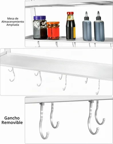 Vista 7 de QWORK Estante para horno de microondas, soportes para horno eléctrico de montaje en pared, aluminio de doble capa para microondas y especias, 2