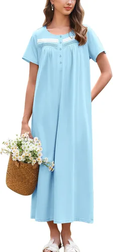 Vista 18 de Ekouaer Camisón para Mujeres de Algodón Camisón Largo de Noche Camisón de Manga Corta con Bolsillos Camisón con Botones Ropa de Dormir Suave