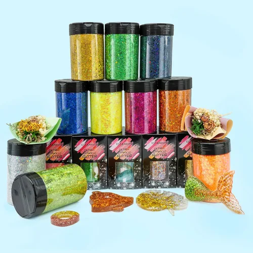 Vista 4 de Estanoite - Brillantina holográfica gruesa, 160G/5.64OZ, brillantina artesanal para resina, purpurina metálica iridiscente, lentejuelas gruesas