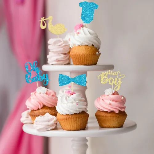 Vista 8 de Gyufise Paquete de 36 adornos para cupcakes Oh Baby ensamblados con texto en inglés "It's a Boy" con corbata, mameluco de amor, corazón, purpurina
