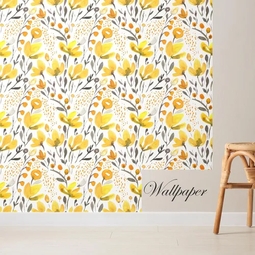 Vista 7 de Blooming Wall Papel tapiz autoadhesivo autoadhesivo con diseño de acuarela transparente transparente amarillo fresco floral Kapok