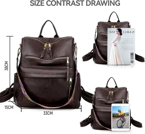 Vista 5 de Mochila de cuero para mujer, grande, diseño de viaje, bolso convertible para la universidad, 3- marrón, Mochila casual de gran capacidad para mujer