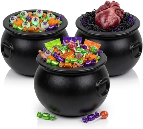 Vista 4 de PMU 2 piezas de caldero de Halloween – 10 pulgadas, 8 pulgadas, cuenco de caldero de plástico de bruja negro, para decoración de Halloween