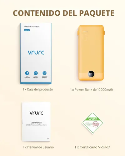Vista 8 de VRURC Cargador portátil, cables integrados en el banco de energía y enchufe Naranja
