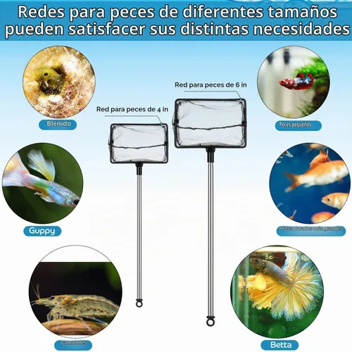 Vista 5 de Sumind 2 redes para pecera, malla para acuario, redes de pesca de mango largo con redes extensibles de acero inoxidable de 12.5 a 27.5 pulgadas