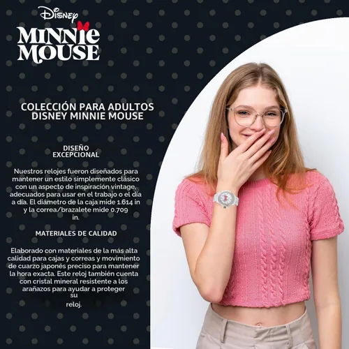 Vista 5 de Disney Minnie Mouse Watch for Women, Classic Minnie Mouse Design – Stylish Watch for Women Fans – Elegant 's Watches with Pink Stainless Steel