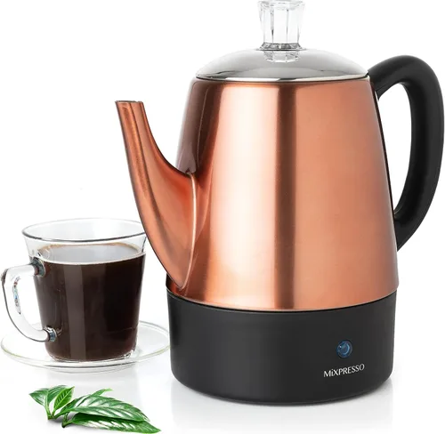 Vista 10 de Mixpresso - Cafetera eléctrica pequeña, acero inoxidable, 4 tazas Coffee percolator electric keep warm function, removable basket, classic