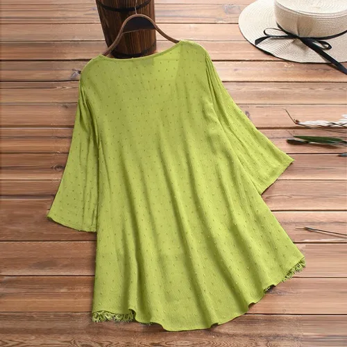 Vista 3 de Camisa de gran tamaño con botones para mujer, a rayas, de manga larga, de algodón, lino, estilo casual, túnica