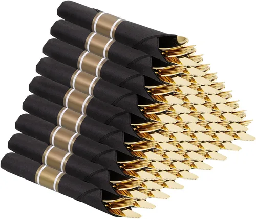 Vista 10 de Supernal 200 cubiertos de plástico dorado con servilletas de bolsillo, 50 juegos, cubiertos desechables resistentes con servilletas blancas, vajilla
