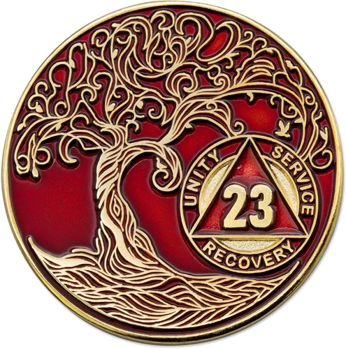Vista 71 de 1 año Sobriety Mint Twisted Tree of Life Medallón de recuperación AA chapado en oro, chip/ficha - negro