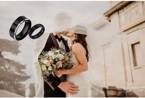 Vista 8 de Anillos a juego personalizados para parejas, anillos de promesa de acero inoxidable para parejas, juego con 2 anillos grabados dentro y fuera