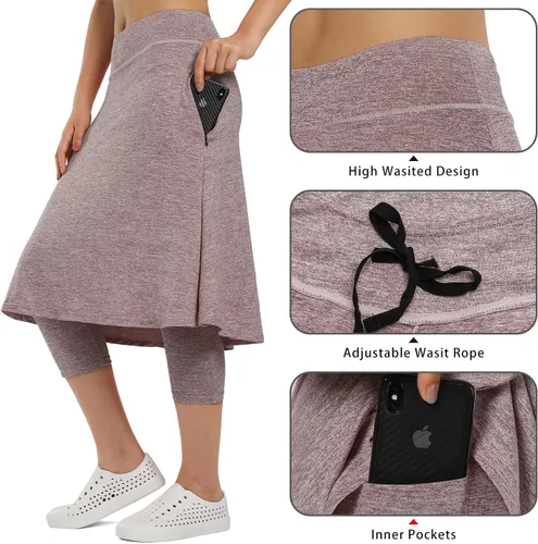 Vista 3 de Faldas atléticas hasta la rodilla para mujer con leggings, leggings con falda de pickleball capris para yoga, bolsillos con cremallera para mujer