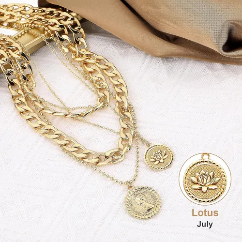 Vista 4 de MJartoria Collares de oro en capas para mujer, collar retro de moda con dije de moneda de flor de nacimiento, collar delicado y grueso para joyería