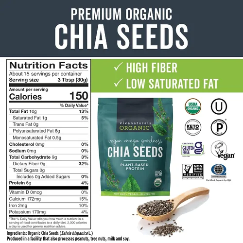 Vista 2 de Viva Naturals Semillas orgánicas de chia, 1 lb (454 g) – Omega-3 de origen vegetal y proteína vegana, sin gluten y sin OGM, perfectas para batidos