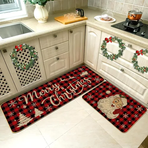Vista 6 de Juego de 2 tapetes de cocina de Navidad, copos de nieve y Papá Noel, alfombras de cocina antideslizantes para fiestas de vacaciones y decoración