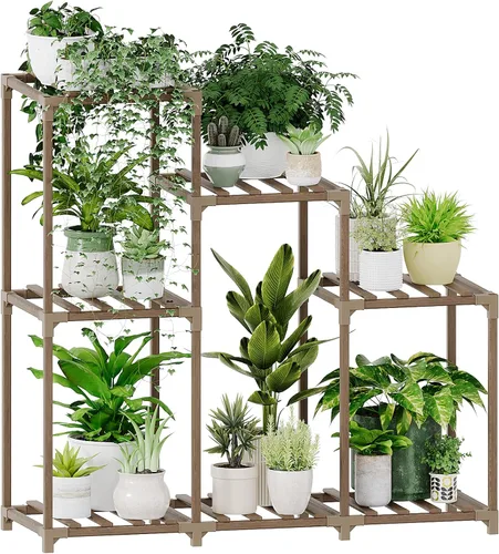 Vista 8 de Bamworld - Soporte esquinero para plantas de interior y exterior, mesa pequeña para varias plantas, estante de madera para jardín, patio, césped